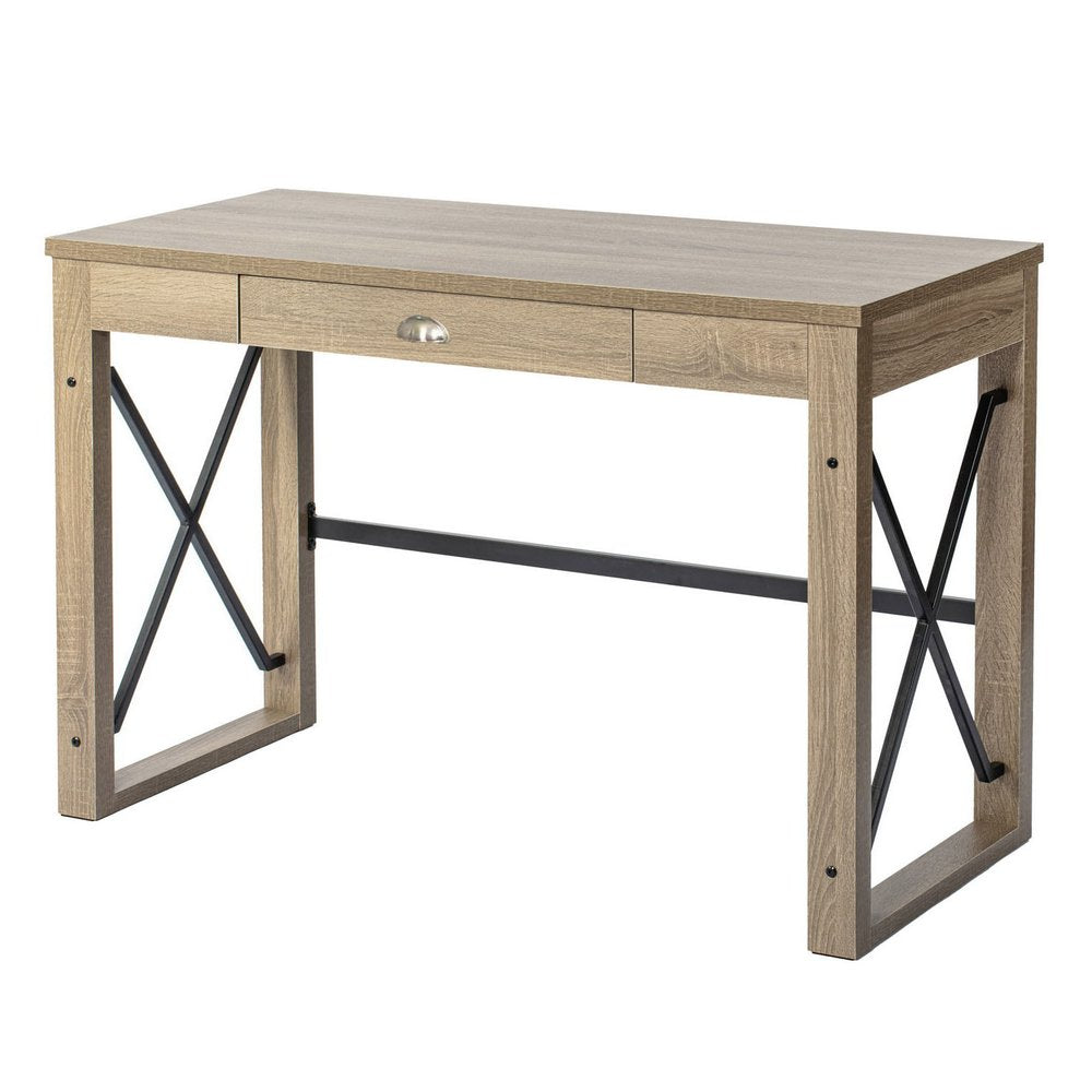 44" Oak and Black Wood and Metal Sled Computer Desk