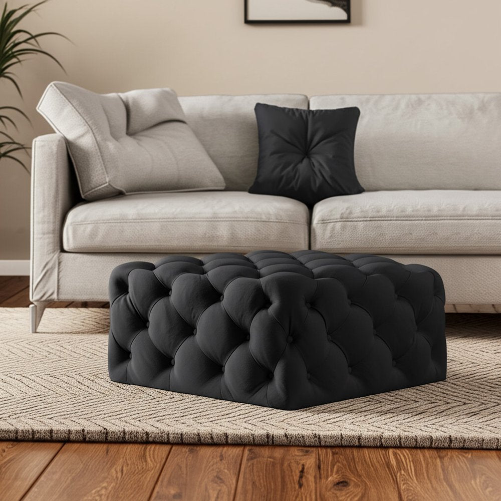 33" Navy Blue Velvet Rolling Tufted Cocktail Ottoman