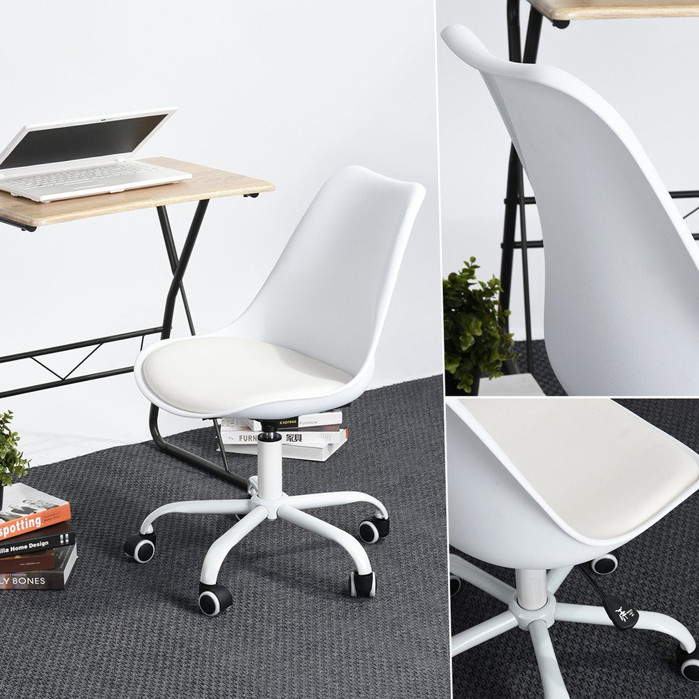White Upholstered Plastic Acrylic and Steel Adjustable Swivel Rolling Office Chair
