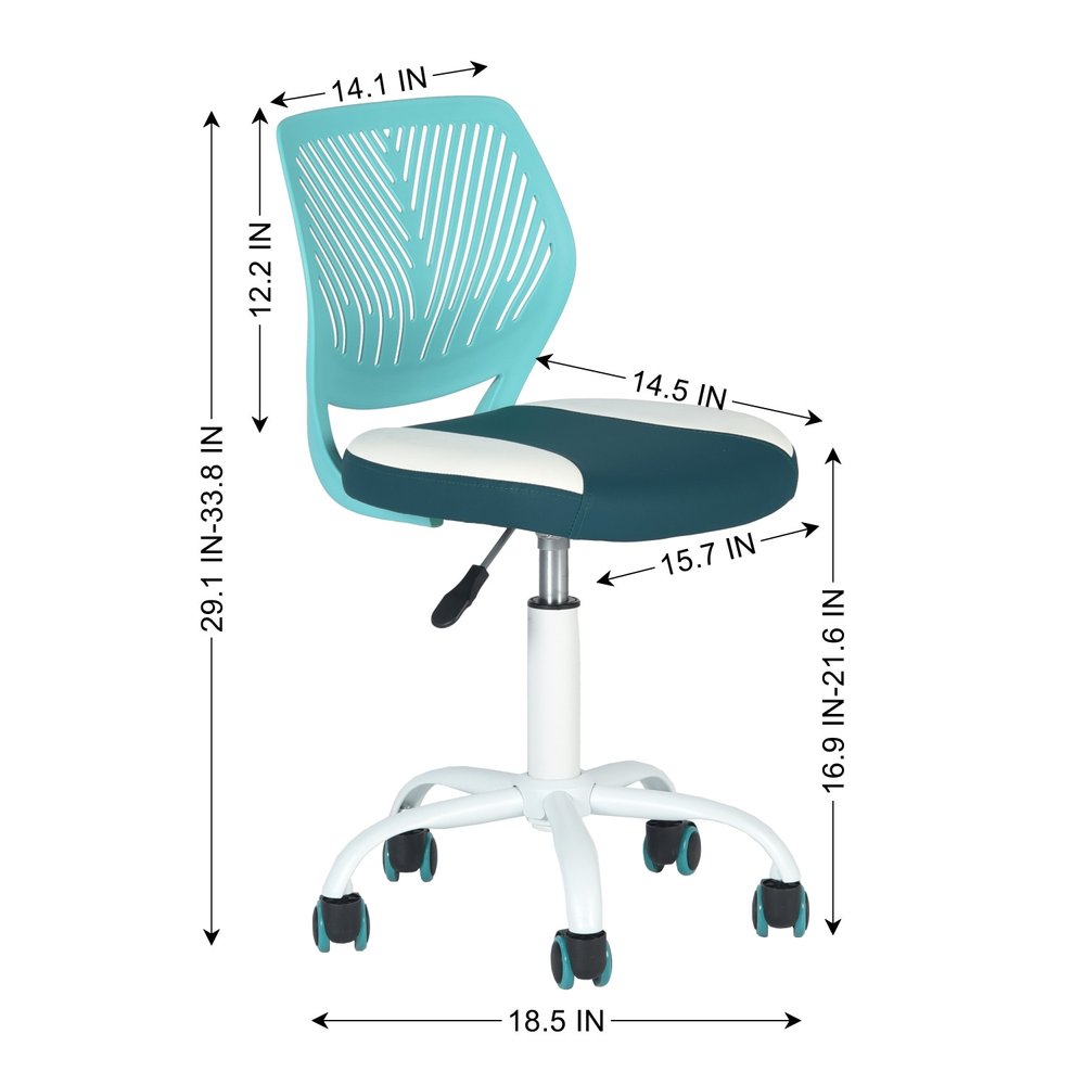 Aqua Teal Blue and White Adjustable Height Swivel Rolling Office Chair