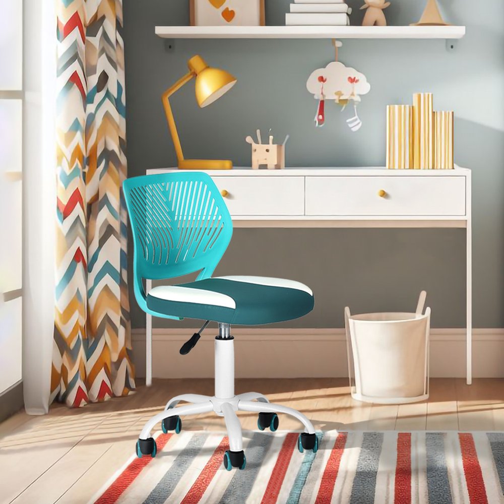 Aqua Teal Blue and White Adjustable Height Swivel Rolling Office Chair