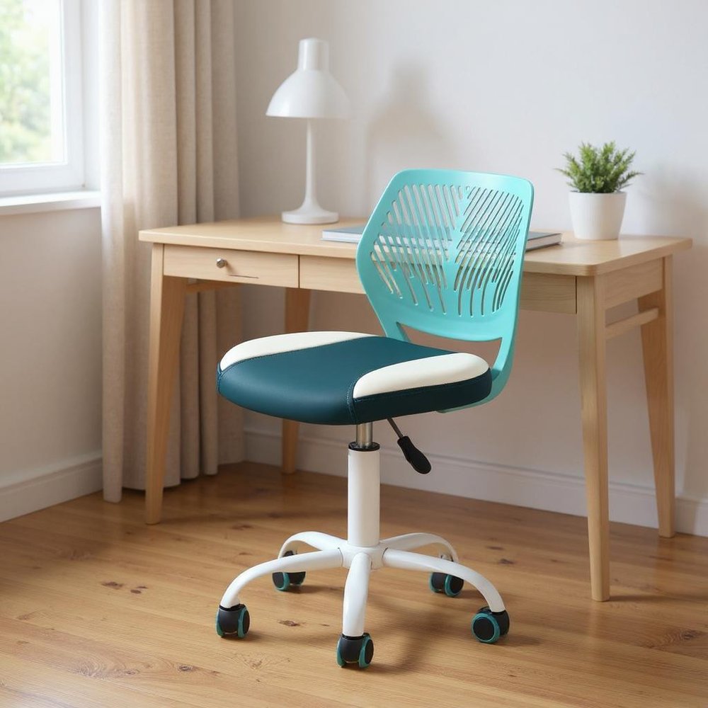 Aqua Teal Blue and White Adjustable Height Swivel Rolling Office Chair