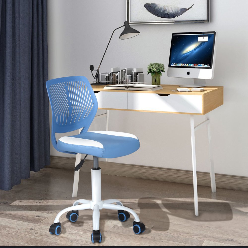 Blue and White Adjustable Height Swivel Rolling Office Chair