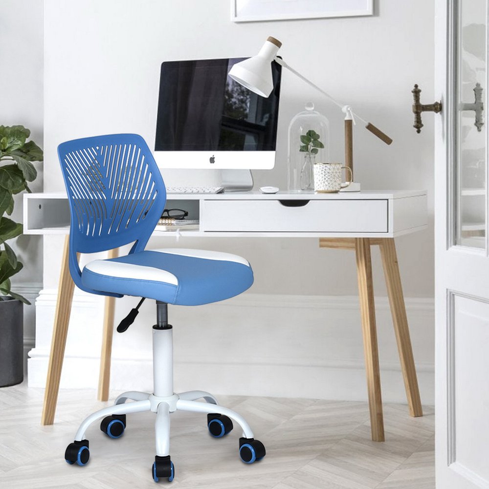Blue and White Adjustable Height Swivel Rolling Office Chair