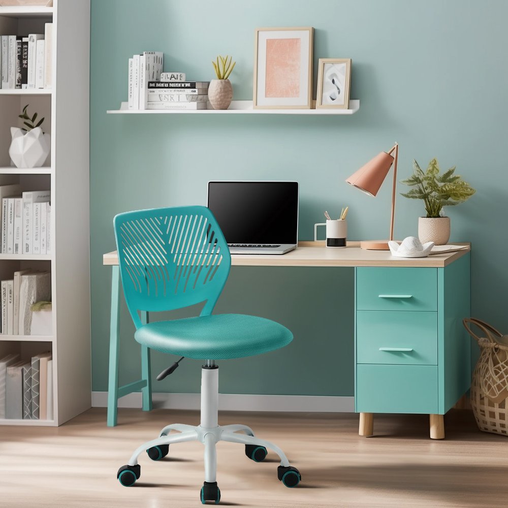 Cyan Blue and White Adjustable Height Swivel Rolling Office Chair