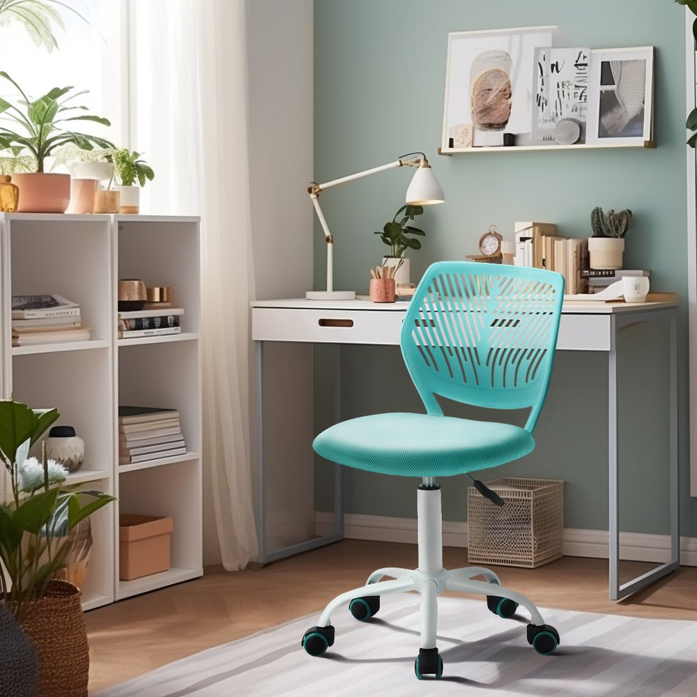 Cyan Blue and White Adjustable Height Swivel Rolling Office Chair