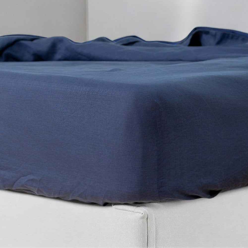 Sábana ajustable California King de lino azul marino