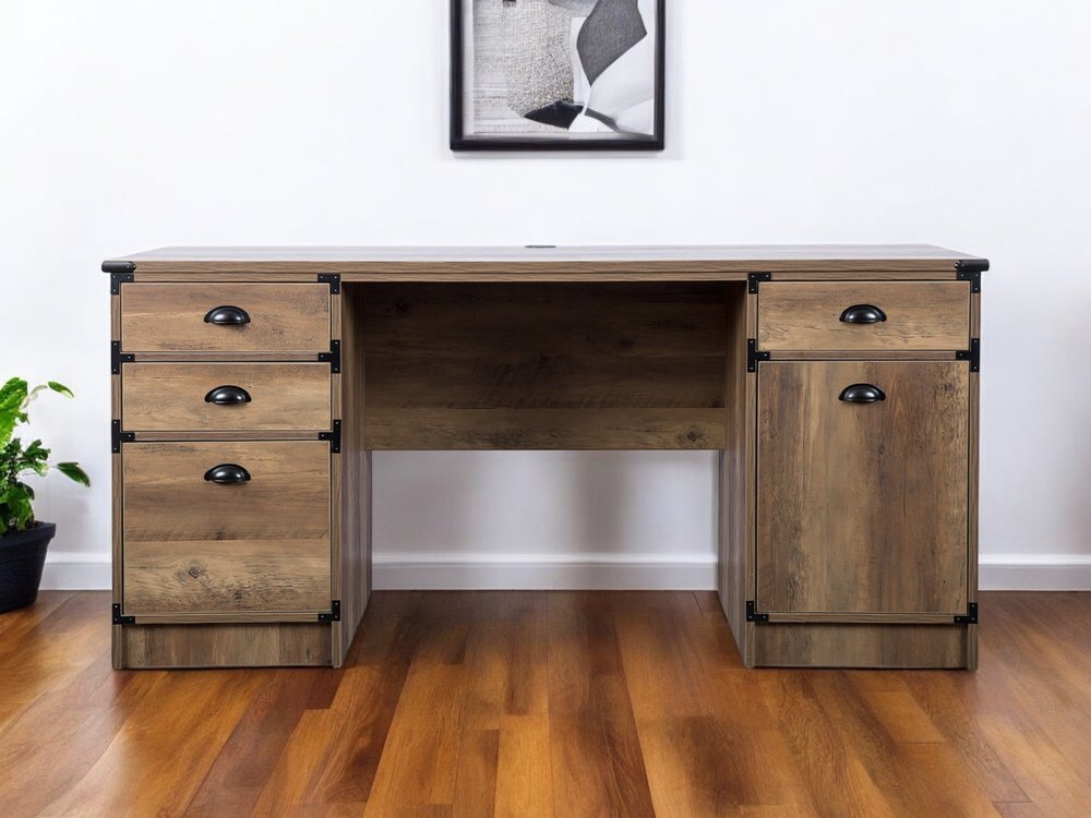 Escritorio de computadora con pedestal de madera de roble de 59" y cuatro cajones