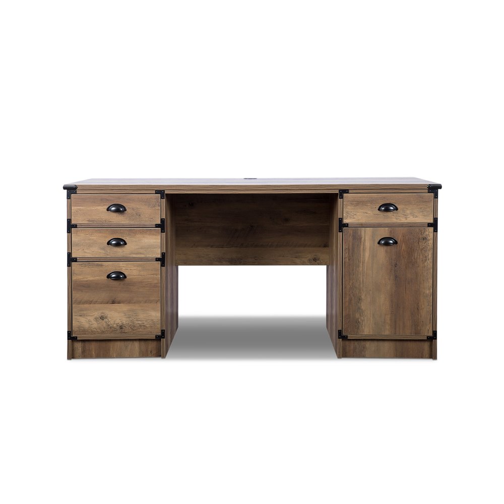 Escritorio de computadora con pedestal de madera de roble de 59" y cuatro cajones