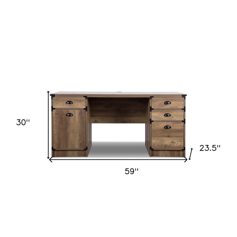 Escritorio de computadora con pedestal de madera de roble de 59" y cuatro cajones