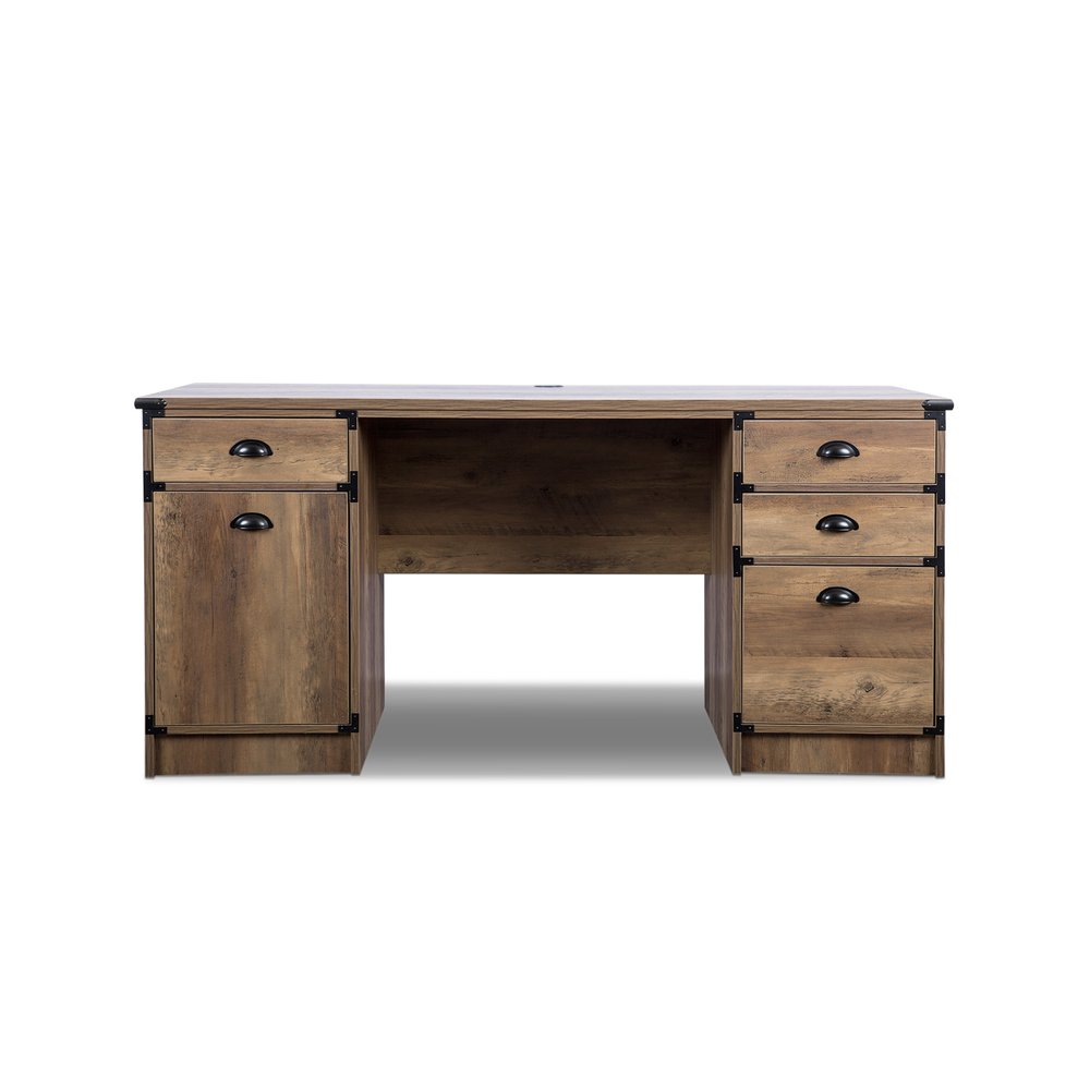 Escritorio de computadora con pedestal de madera de roble de 59" y cuatro cajones