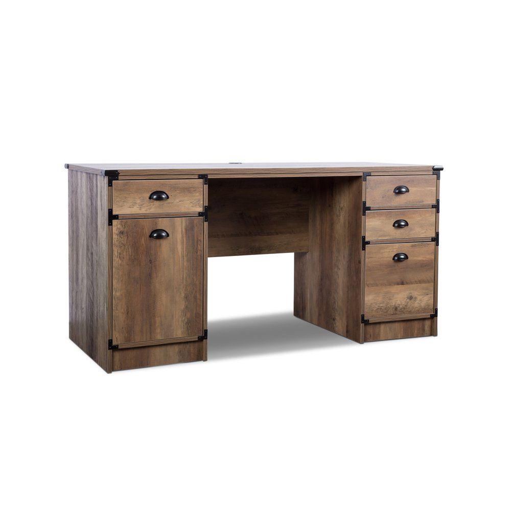 Escritorio de computadora con pedestal de madera de roble de 59" y cuatro cajones