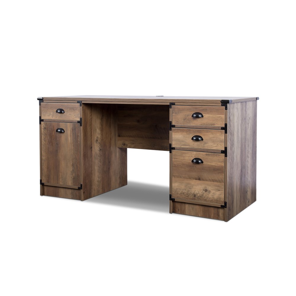 Escritorio de computadora con pedestal de madera de roble de 59" y cuatro cajones