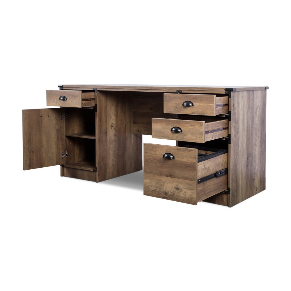 Escritorio de computadora con pedestal de madera de roble de 59" y cuatro cajones