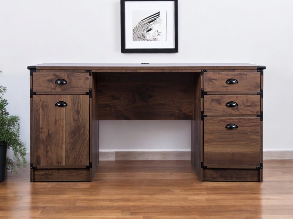 Escritorio de computadora con pedestal de madera de nogal de 59" y cuatro cajones