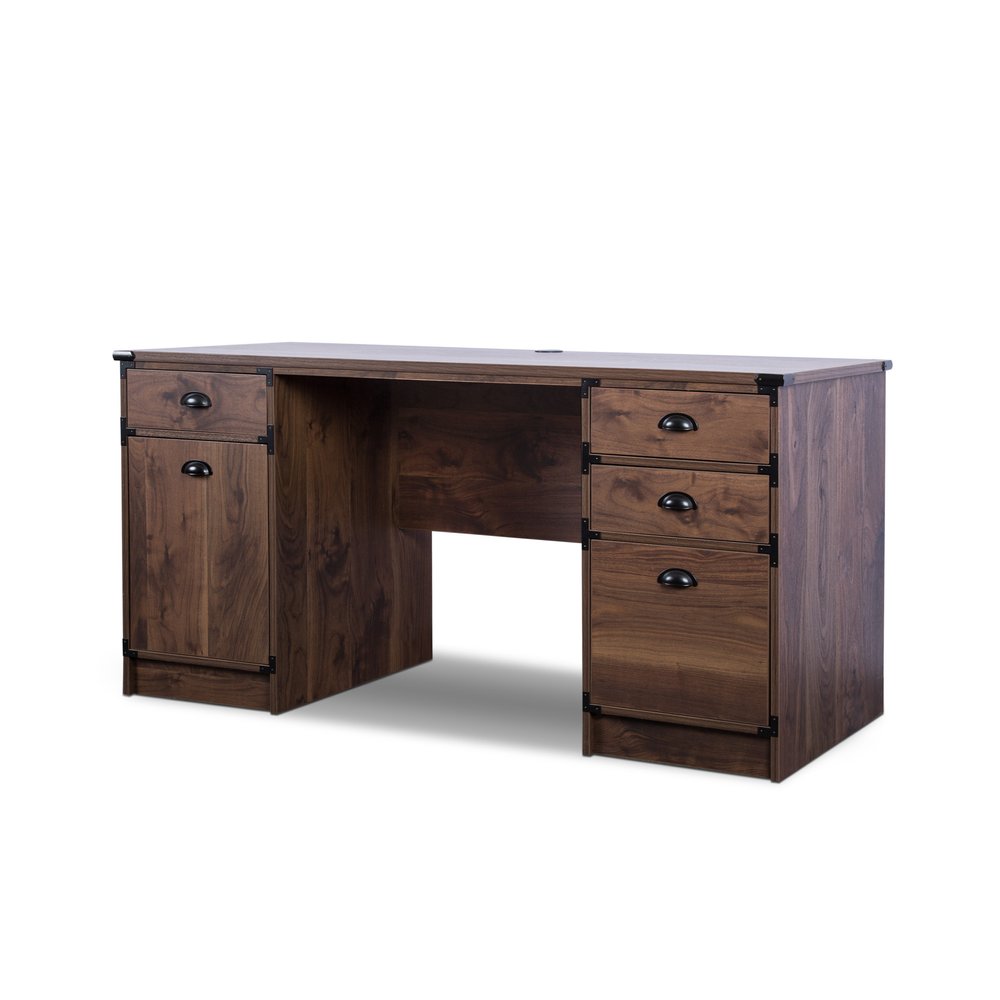 Escritorio de computadora con pedestal de madera de nogal de 59" y cuatro cajones
