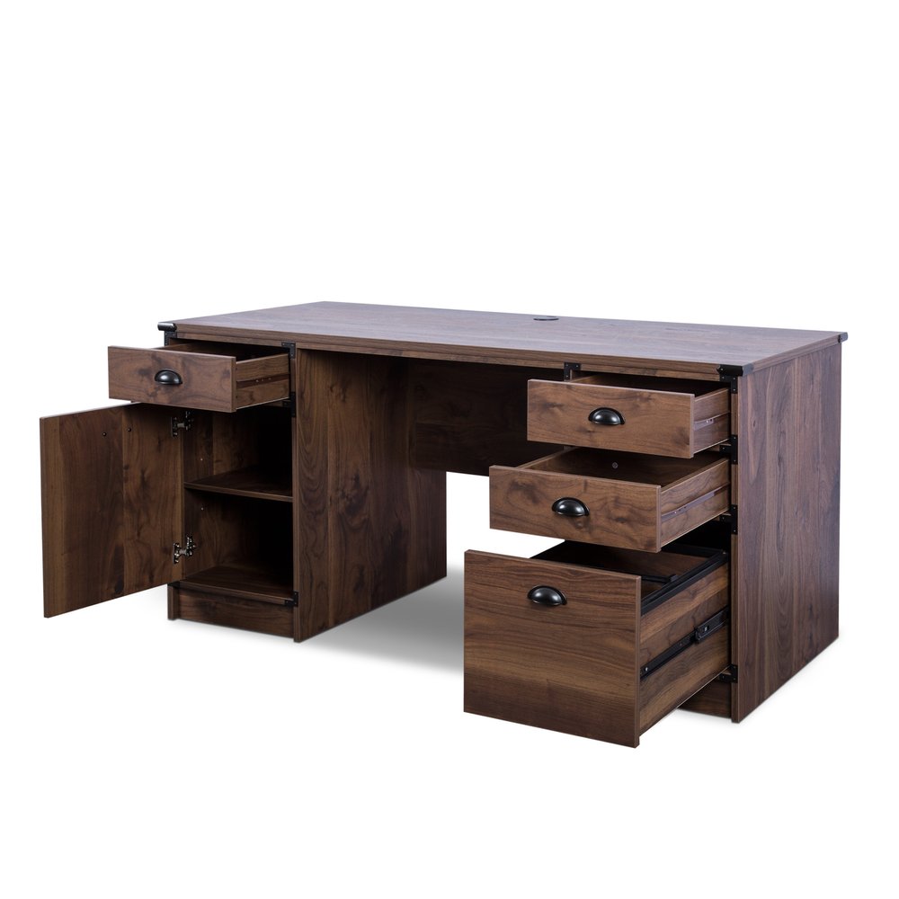 Escritorio de computadora con pedestal de madera de nogal de 59" y cuatro cajones