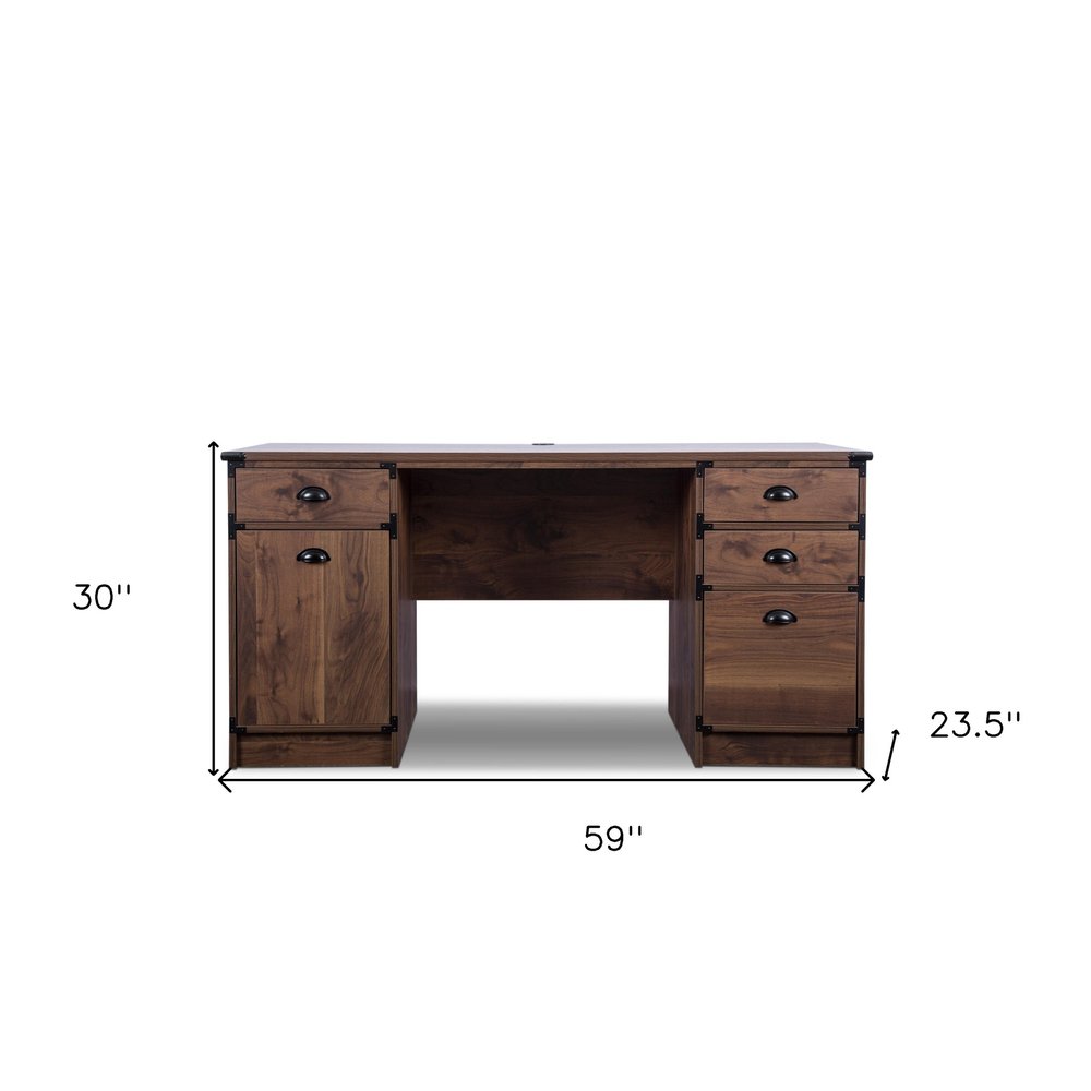 Escritorio de computadora con pedestal de madera de nogal de 59" y cuatro cajones