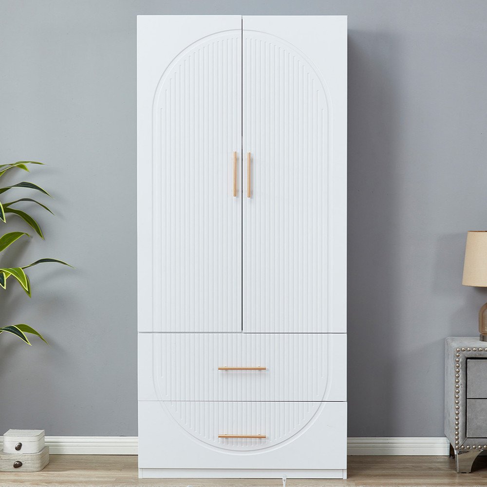 74" White Carved Geometric Two Door Two Drawer Combo Dresser