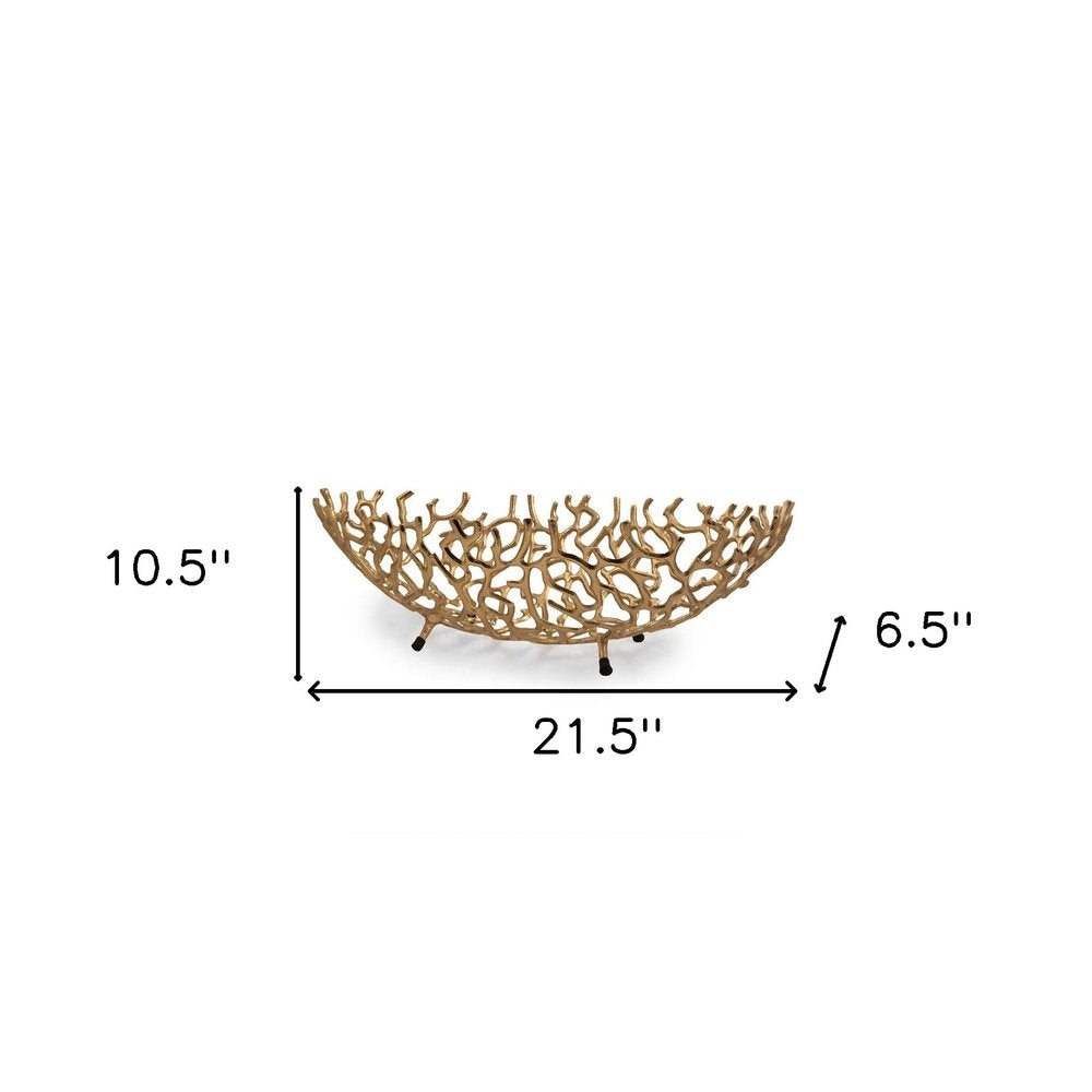 Cuenco ovalado de aluminio dorado de 22" con coral artificial para centro de mesa