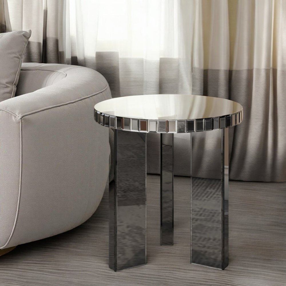 20" Black and Silver Mirrored Marble and Glass Round End Table