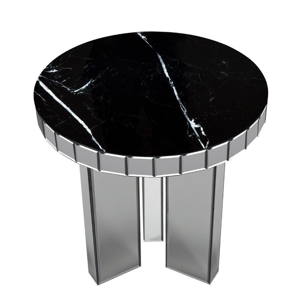 20" Black and Silver Mirrored Marble and Glass Round End Table