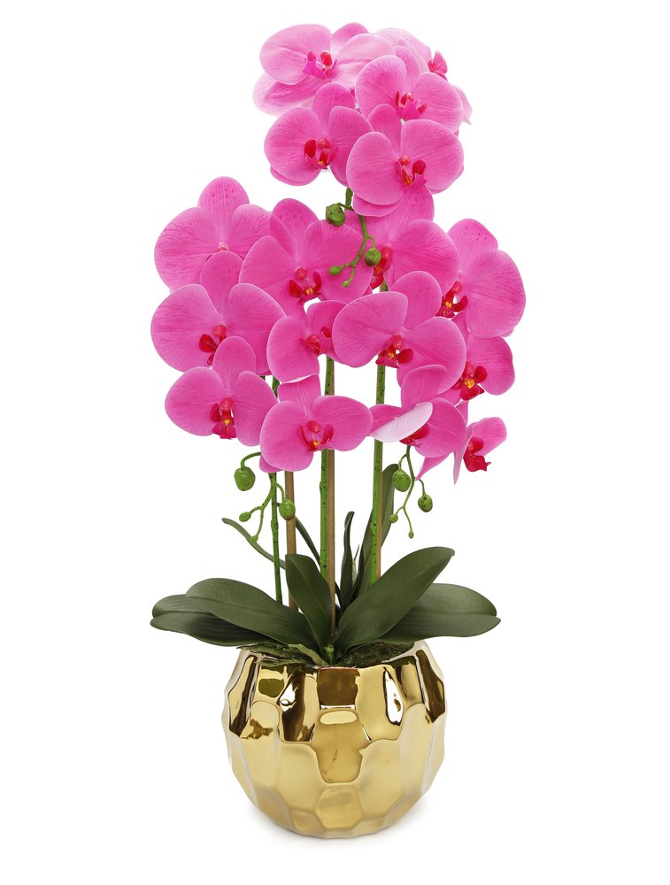 26" Pink Orchid Artificial Plant in a Hammered Gold Round Vase