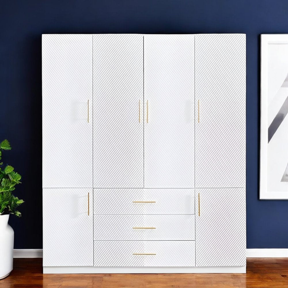 74" White Carved Geometric Six Door Three Drawer Combo Dresser