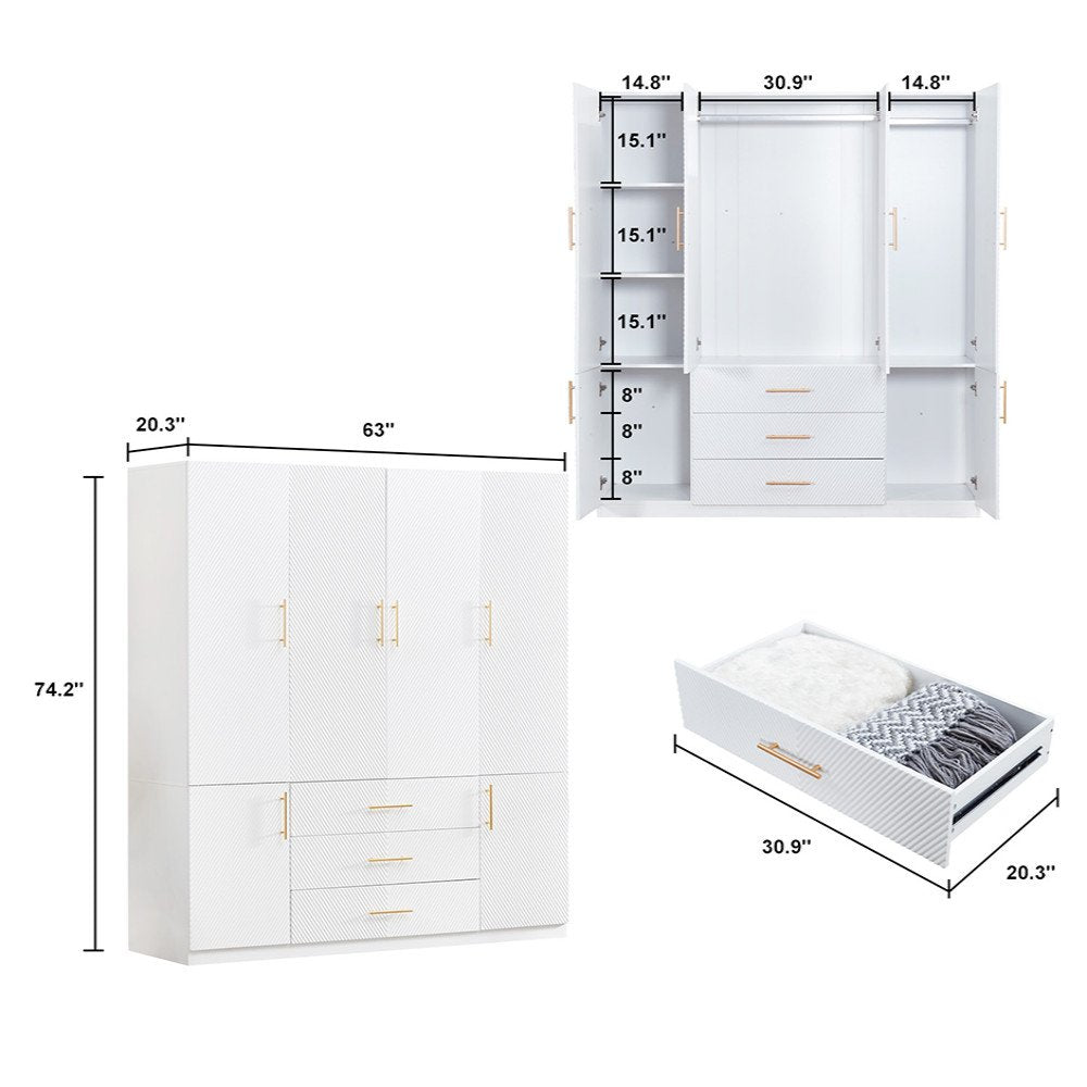 74" White Carved Geometric Six Door Three Drawer Combo Dresser
