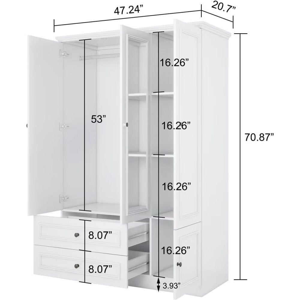 71" White Mirrored Four Door Two Drawer Combo Dresser