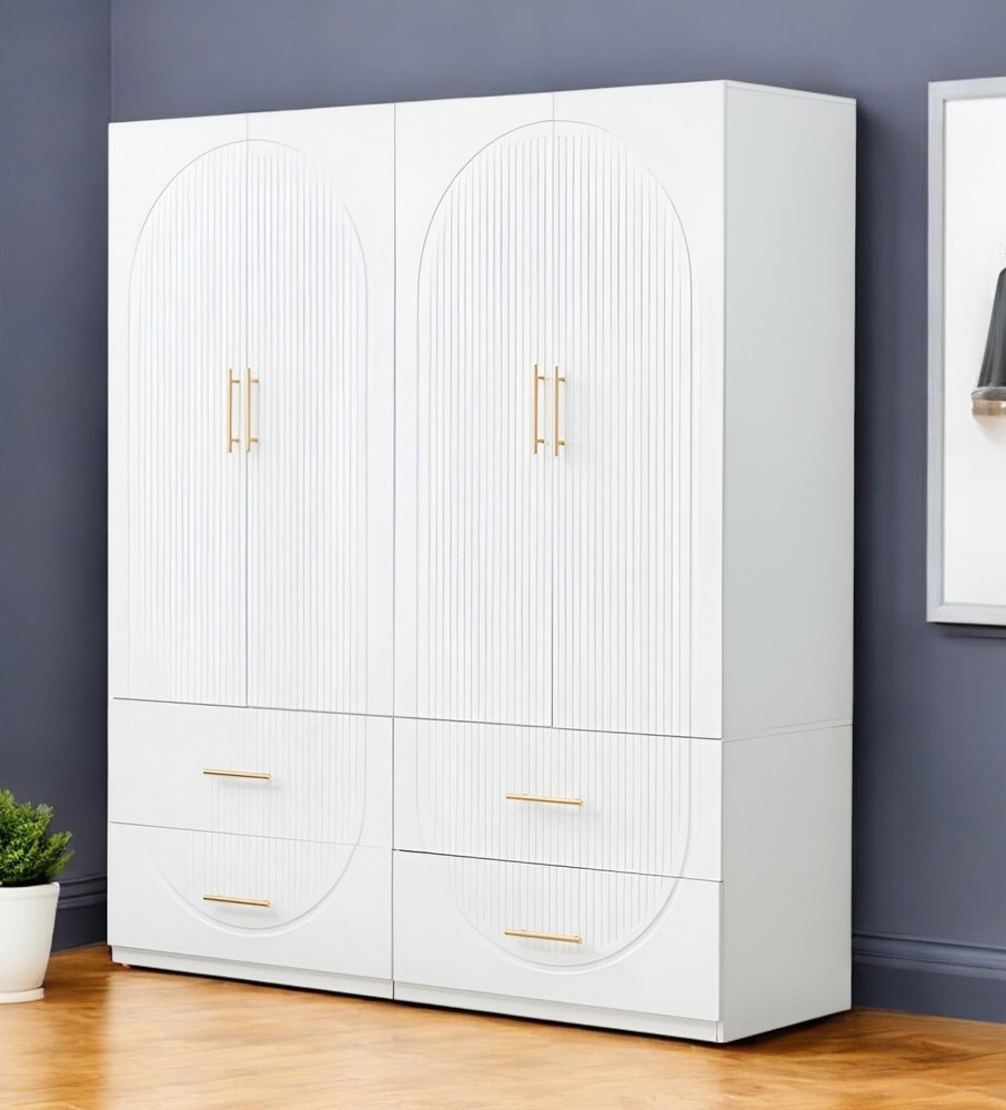 74" White Carved Geometric Four Door Four Drawer Combo Dresser