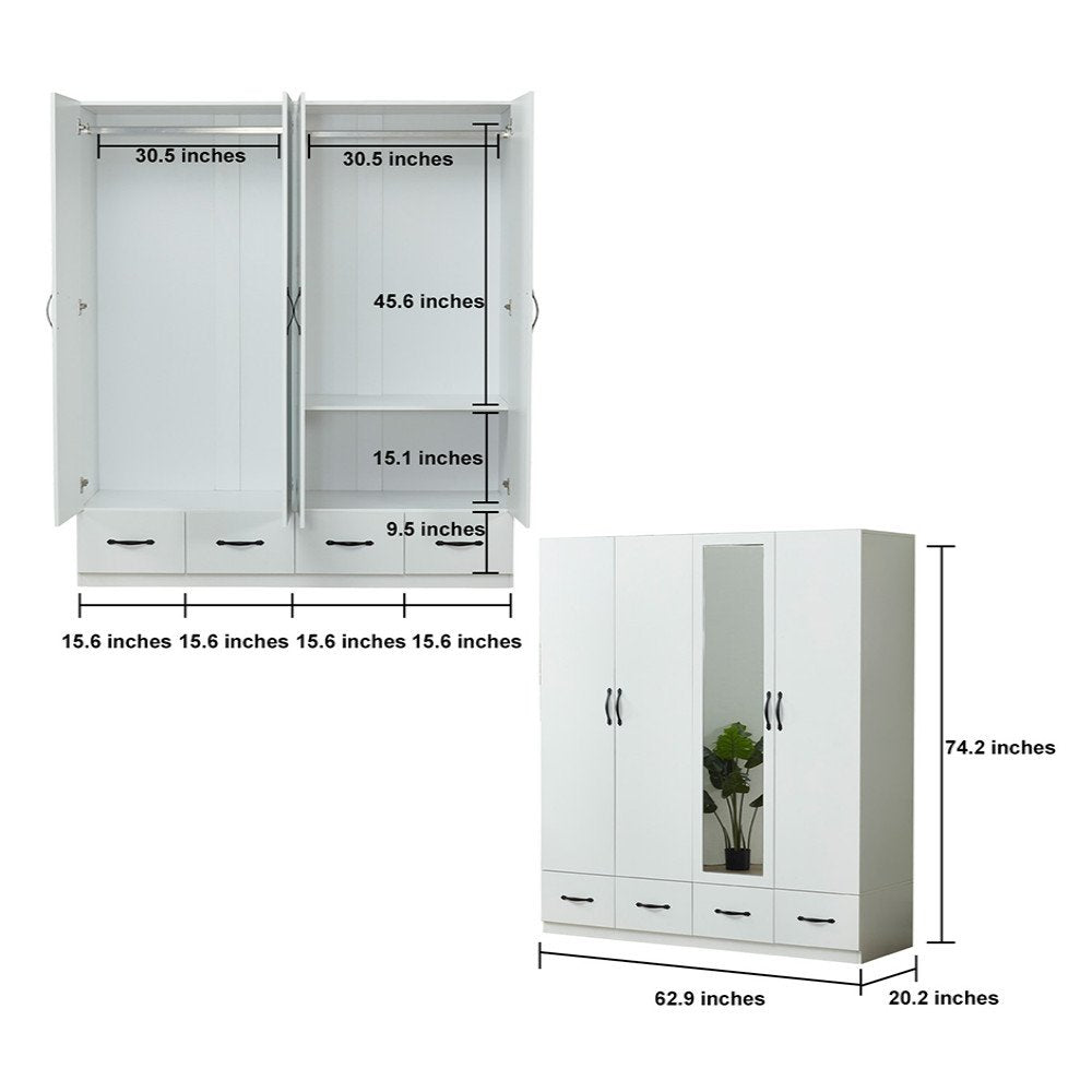 74" White Mirrored Four Door Four Drawer Combo Dresser