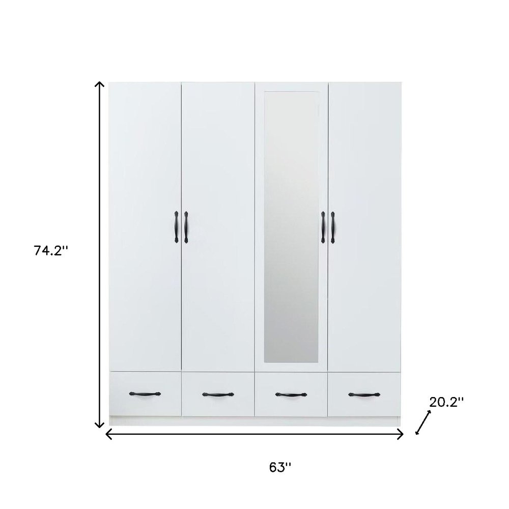 74" White Mirrored Four Door Four Drawer Combo Dresser