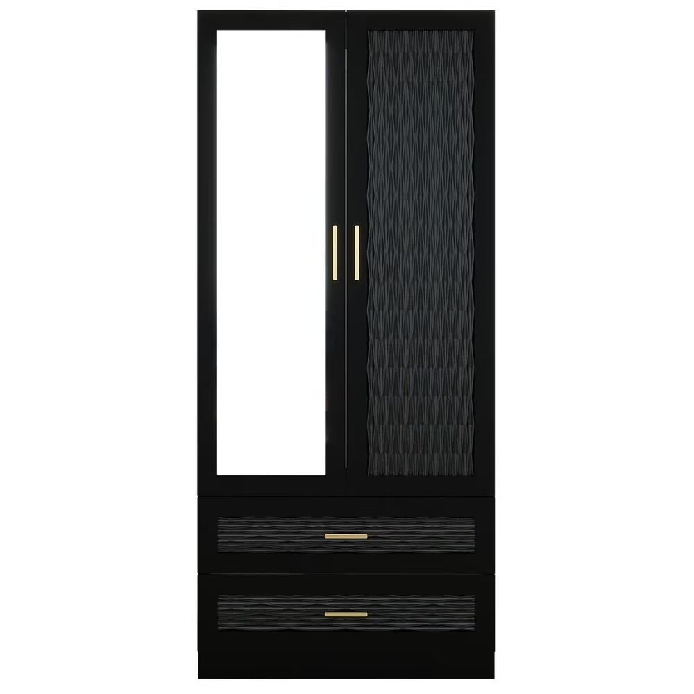 Cómoda de 180 cm con dos puertas y dos cajones, con diseño geométrico tallado y espejo, color negro