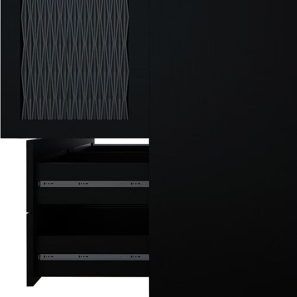 Cómoda de 180 cm con dos puertas y dos cajones, con diseño geométrico tallado y espejo, color negro