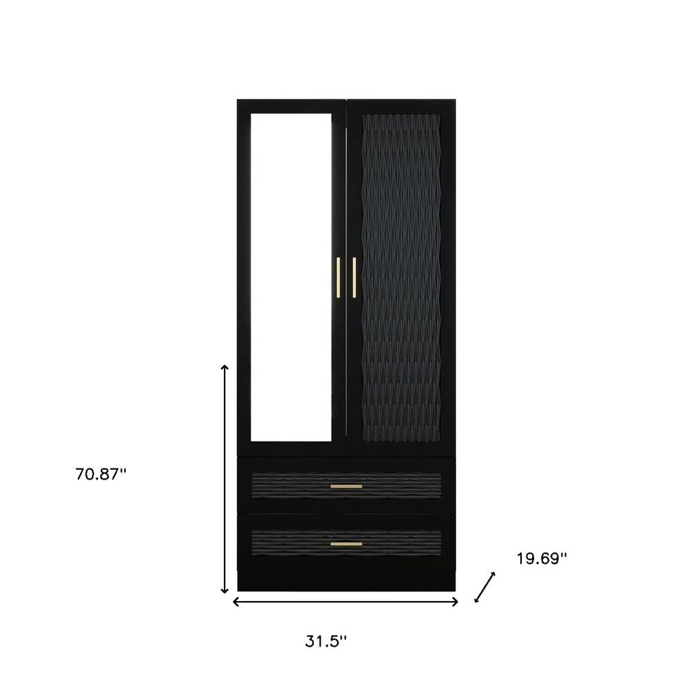 Cómoda de 180 cm con dos puertas y dos cajones, con diseño geométrico tallado y espejo, color negro
