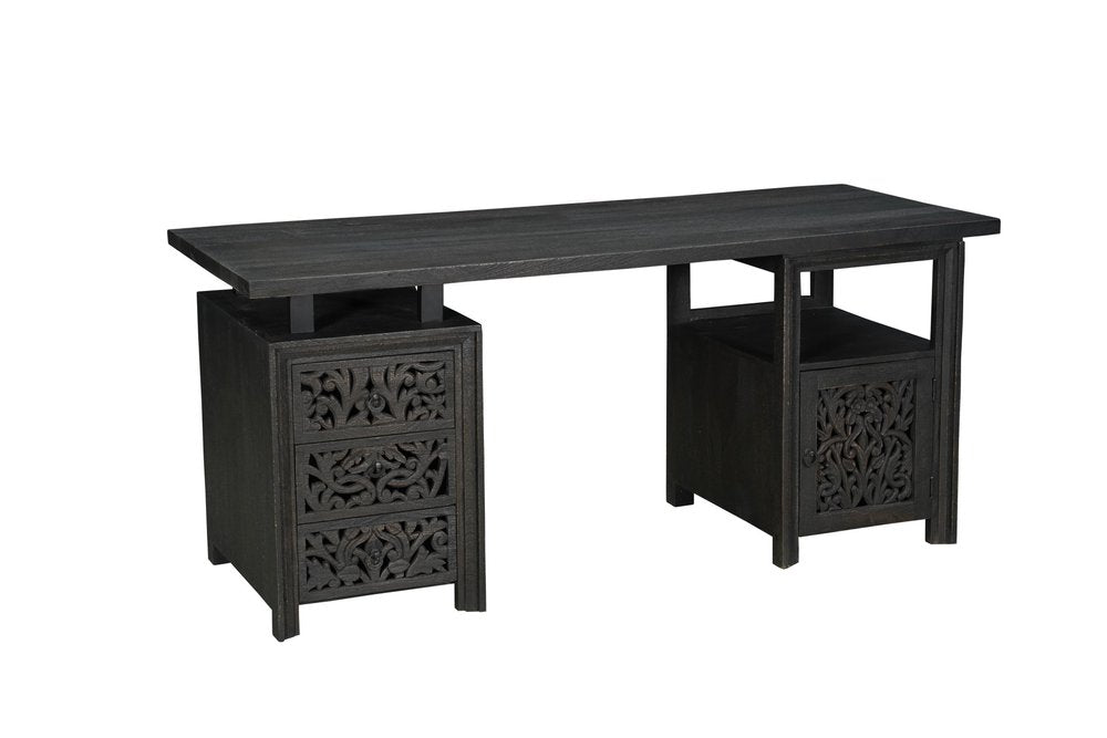 Escritorio de computadora de madera maciza de 172 cm con tres cajones y diseño floral tallado en negro
