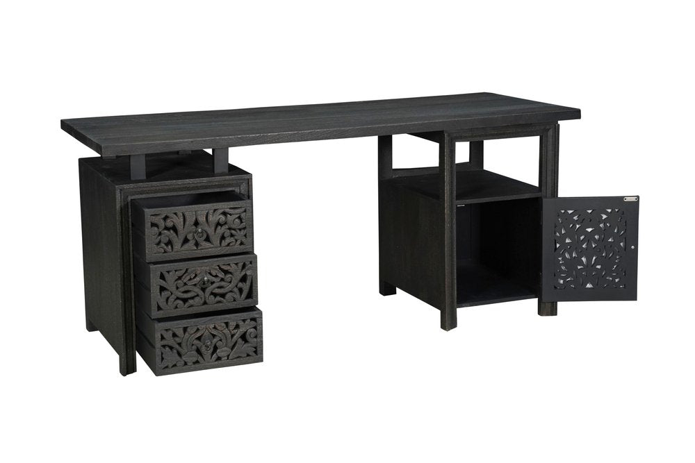 Escritorio de computadora de madera maciza de 172 cm con tres cajones y diseño floral tallado en negro
