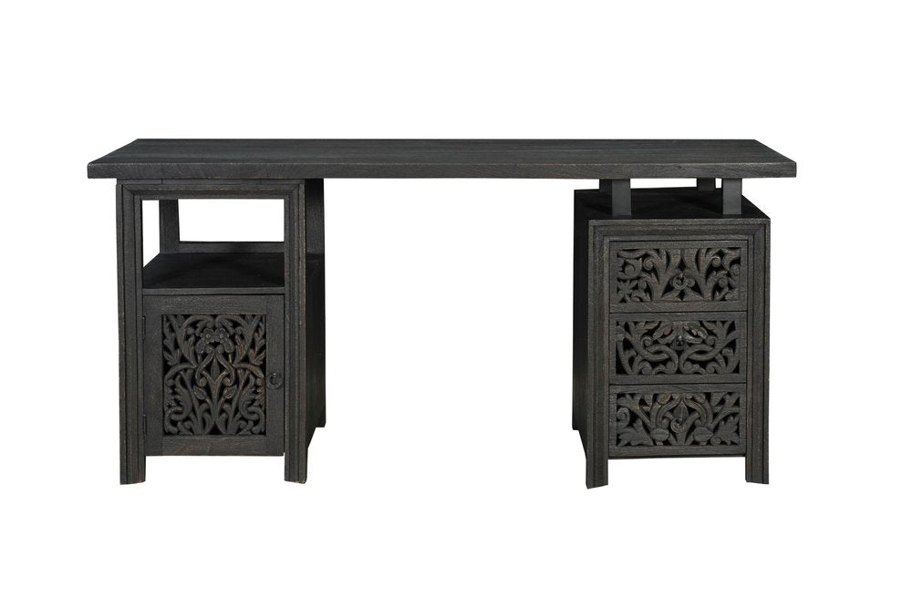 Escritorio de computadora de madera maciza de 172 cm con tres cajones y diseño floral tallado en negro
