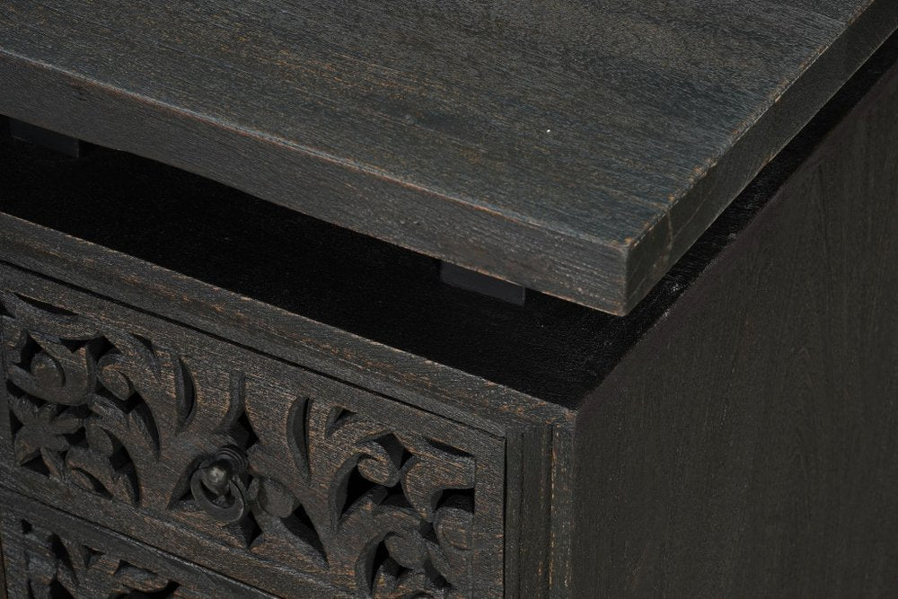 Escritorio de computadora de madera maciza de 172 cm con tres cajones y diseño floral tallado en negro
