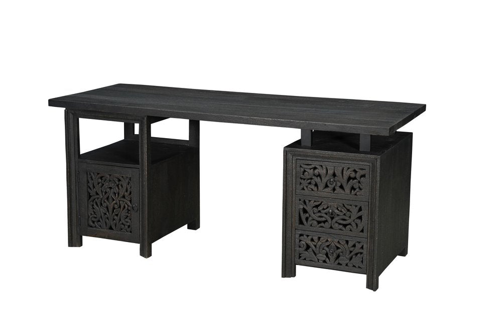 Escritorio de computadora de madera maciza de 172 cm con tres cajones y diseño floral tallado en negro