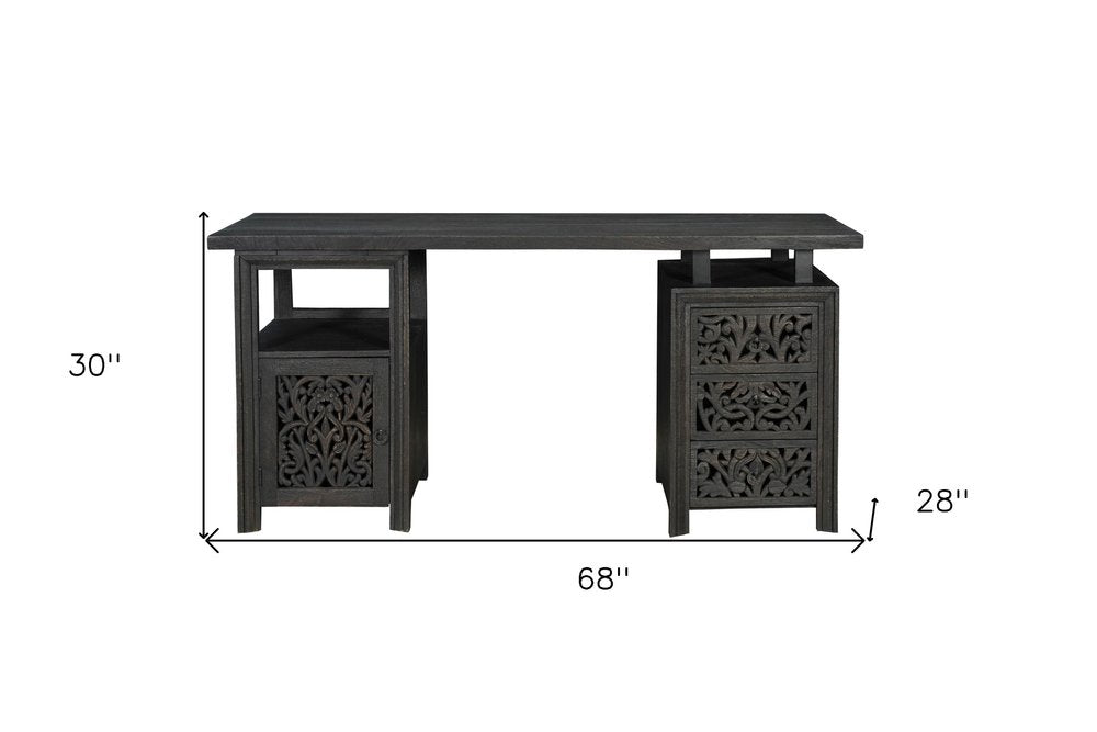 Escritorio de computadora de madera maciza de 172 cm con tres cajones y diseño floral tallado en negro