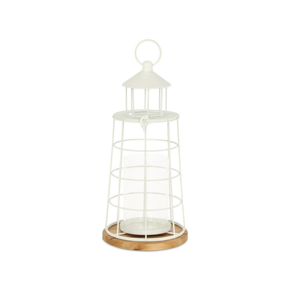15" White And Natural Metal And Wood Lighthouse Tabletop Lantern Candle Holder