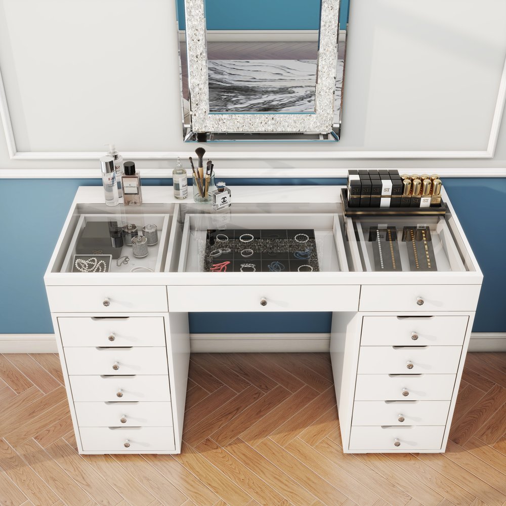 51" White Glass and Wood Vanity Table With Thirteen Drawers