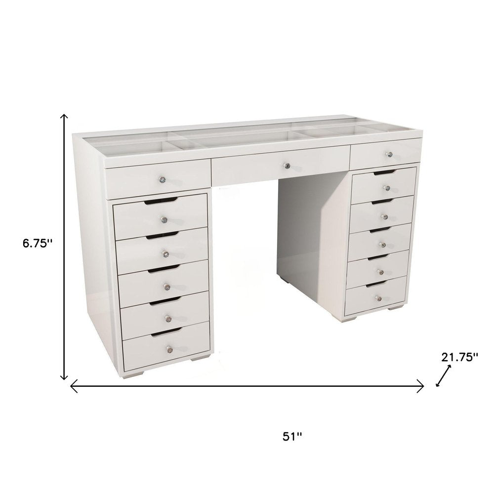 51" White Glass and Wood Vanity Table With Thirteen Drawers