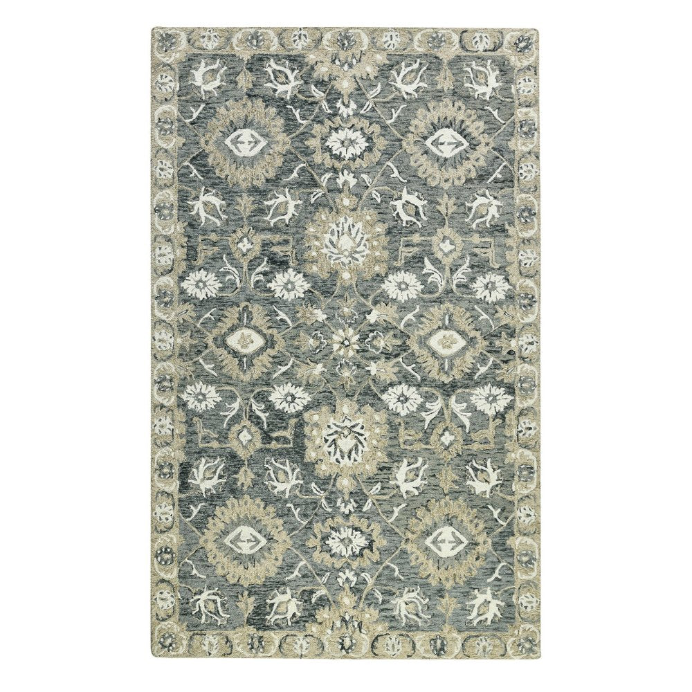 9' X 13' Gray Ivory And Beige Wool Floral Medallion Hand Hooked Area Rug