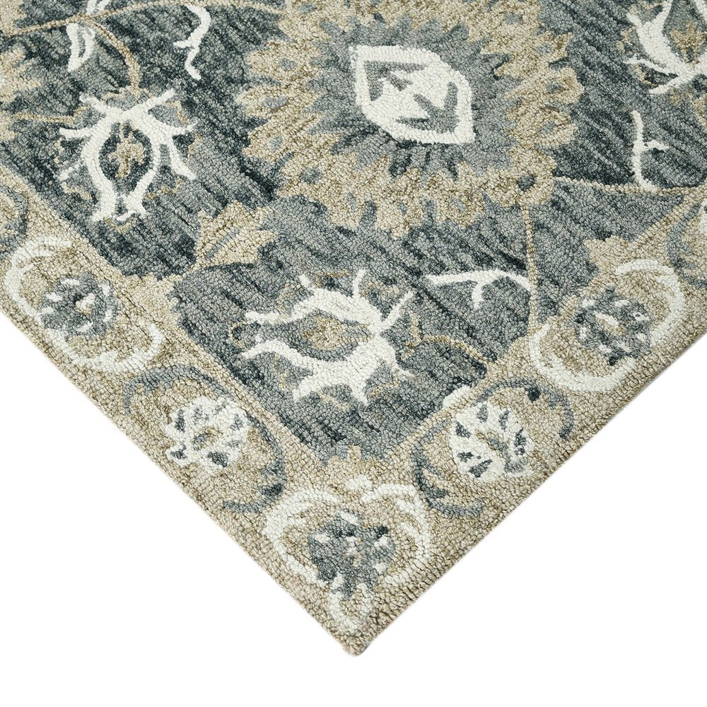 9' X 13' Gray Ivory And Beige Wool Floral Medallion Hand Hooked Area Rug