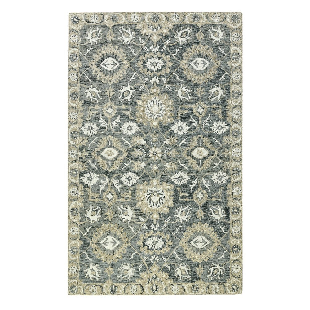 9' X 13' Gray Ivory And Beige Wool Floral Medallion Hand Hooked Area Rug