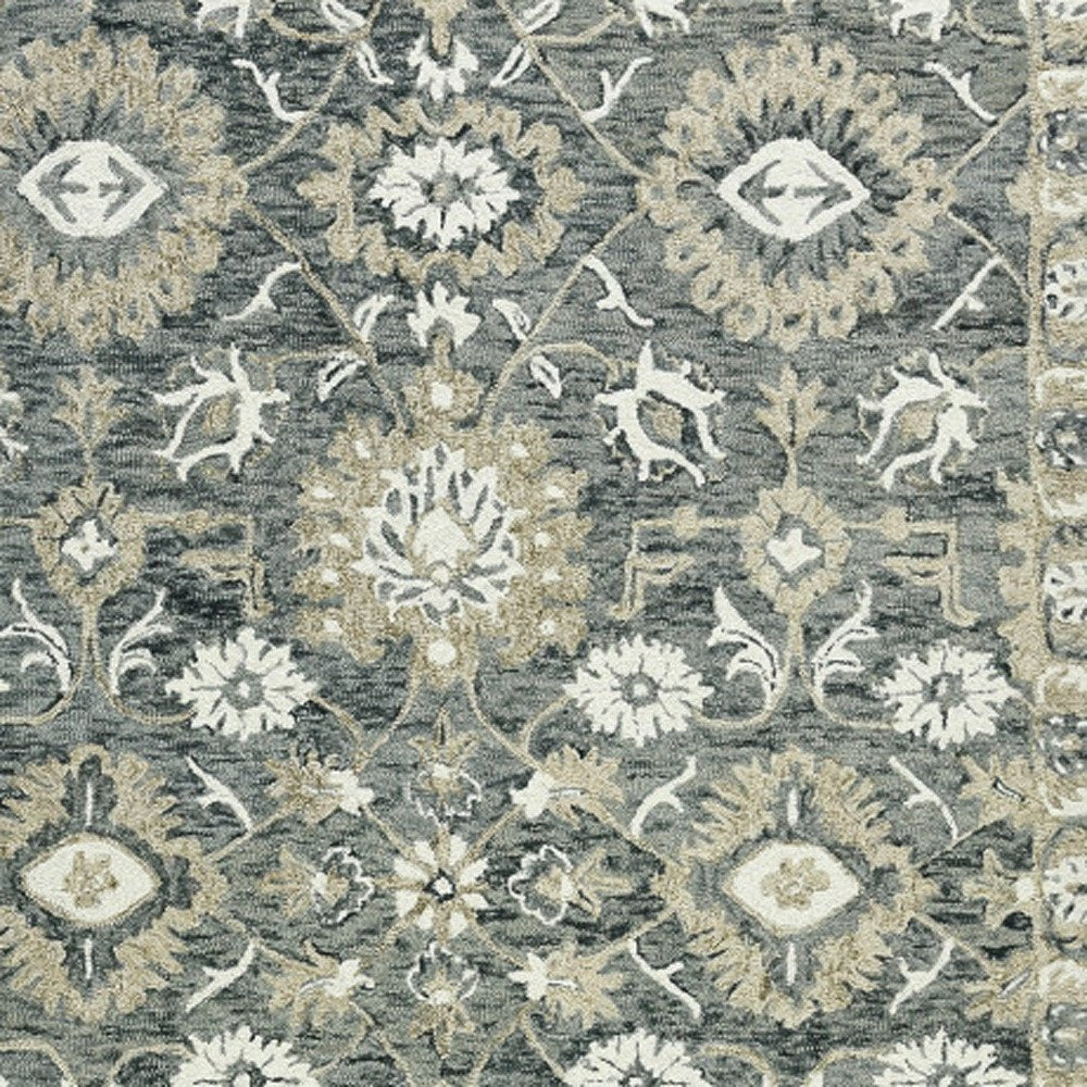 9' X 13' Gray Ivory And Beige Wool Floral Medallion Hand Hooked Area Rug