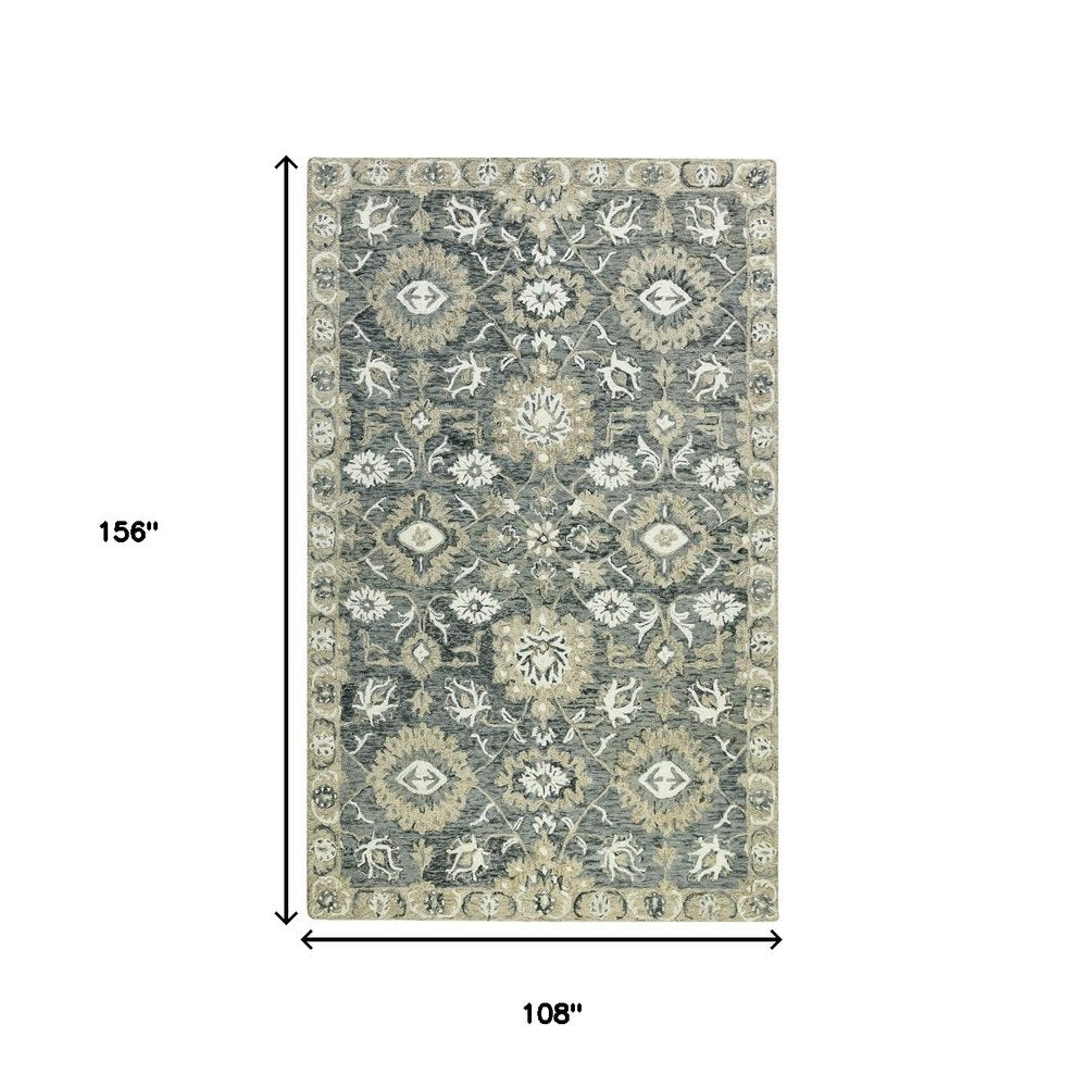 9' X 13' Gray Ivory And Beige Wool Floral Medallion Hand Hooked Area Rug